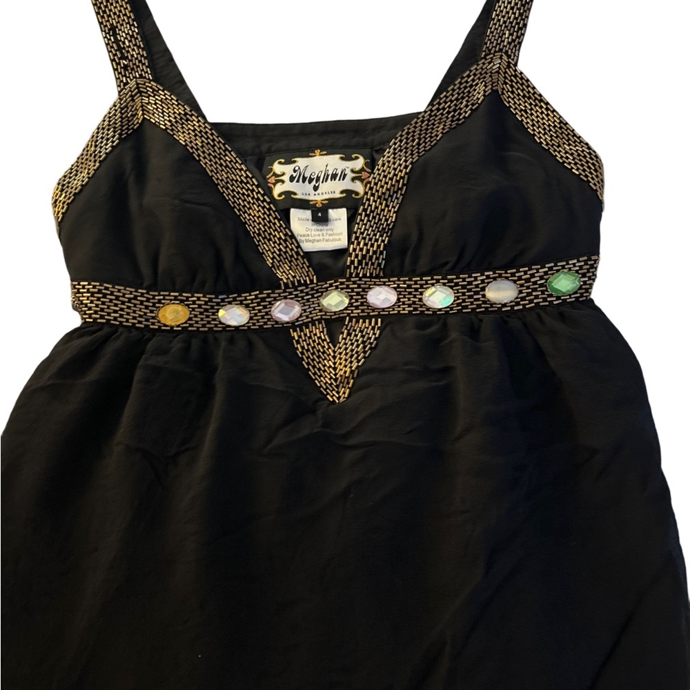 Meghan LA Black V-Neck Tank with Gold Trim and Multi-Colored Gems